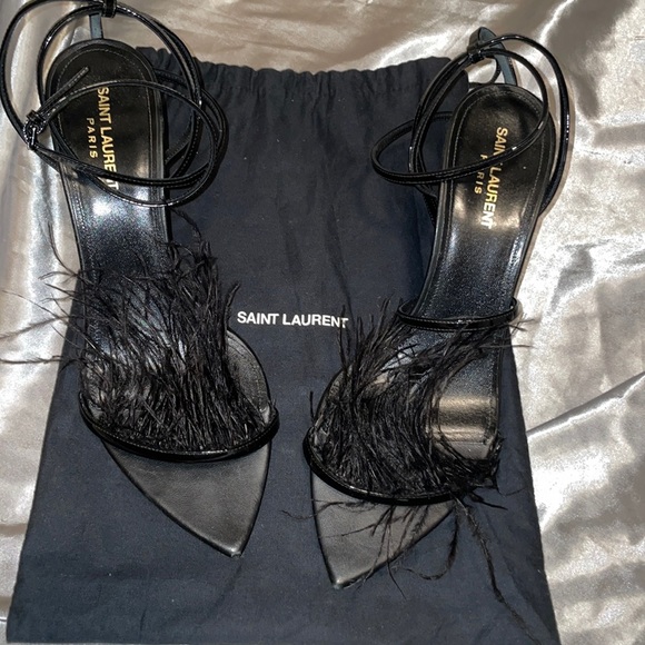 Saint Laurent  Black Patent Ostrich Feathers Ankle Strap Sandals Size 41 - Picture 1 of 8